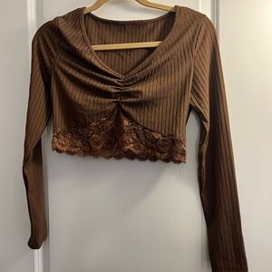 Brown Lace Trim Long Sleeve Top